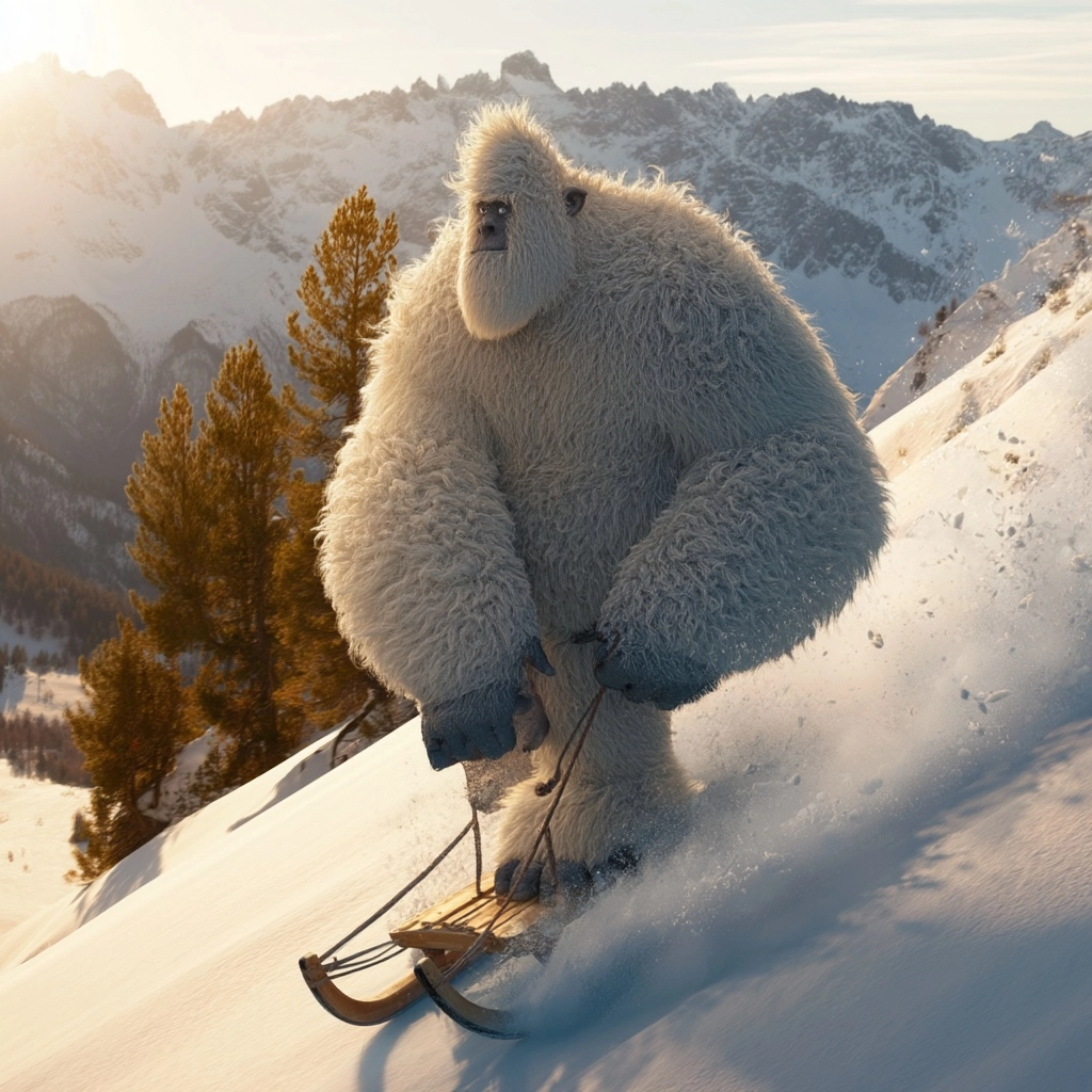 Gigantic friendly yeti riding a wooden sled down a snowy mountain slope, dynamic action