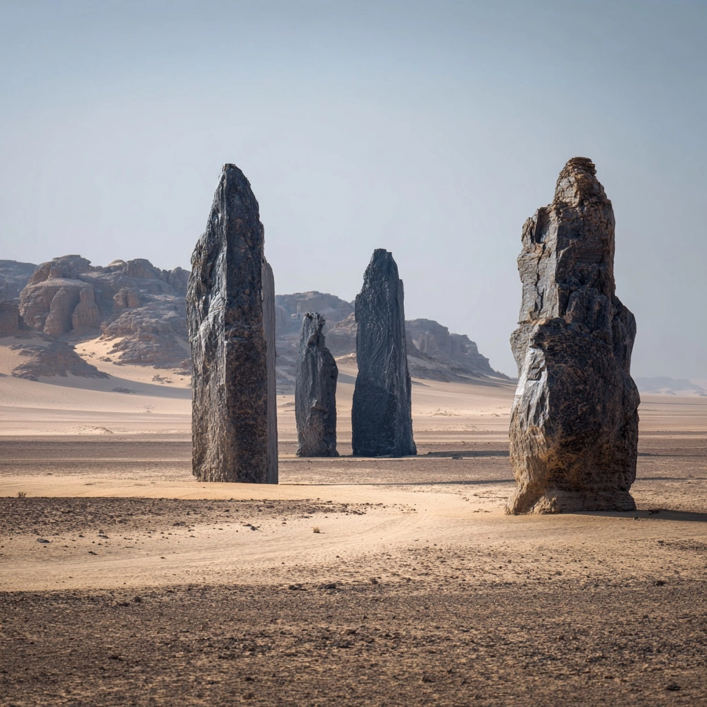 A desert landscape with spires petruding up from the ground made of sand that form into dark polishe