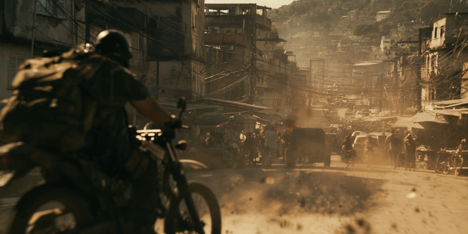 Gritty cinematic action scene of a desperate motorcycle smuggler with a backpack full of stolen diam