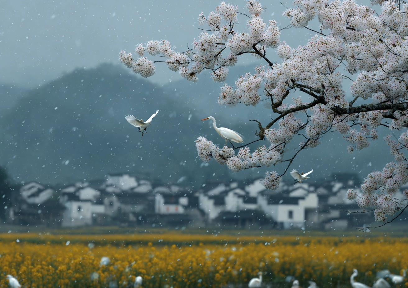 Realistic photography: Rain falls heavily during the Qingming Festival. In the foreground