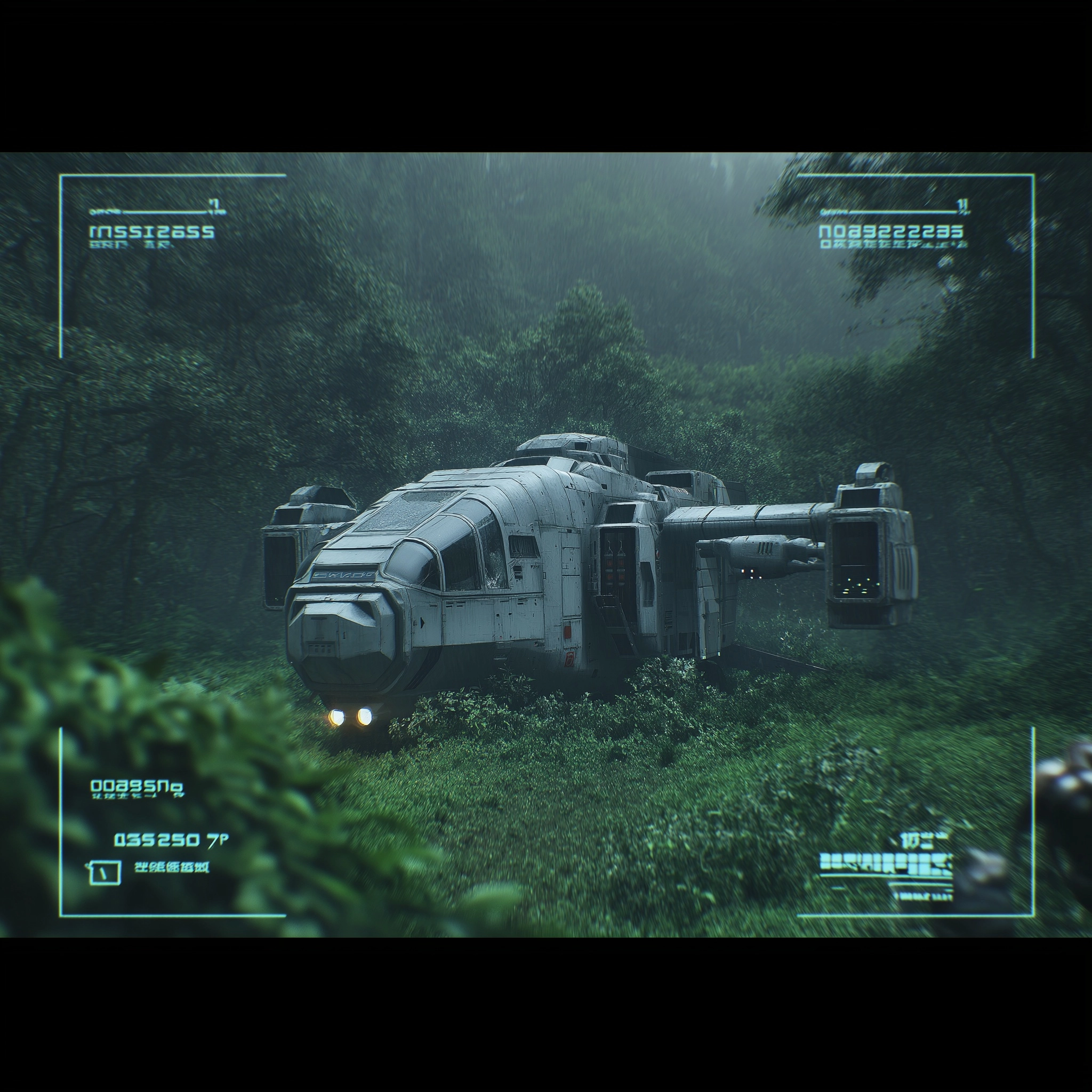 Hidden Surveillence footage of a realistice scifi military dropship in a forest clearing. close up s