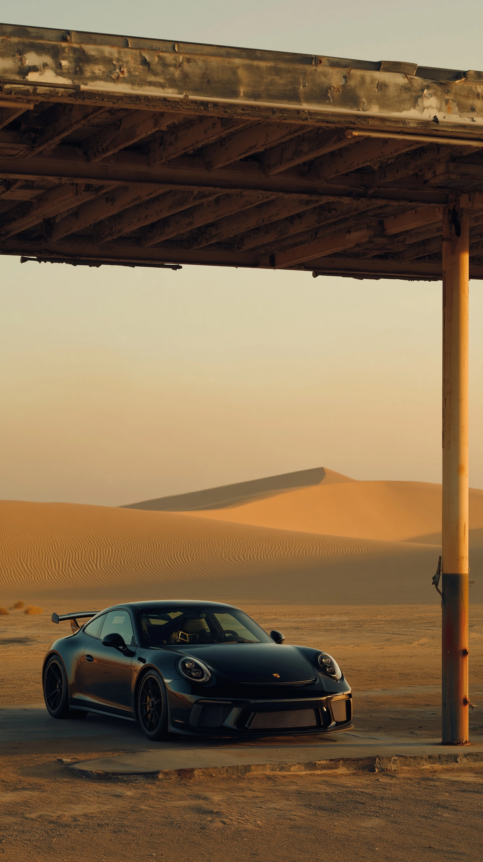 High-desert automotive editorial featuring a black Porsche 911 GT3 parked under a weathered retro ga
