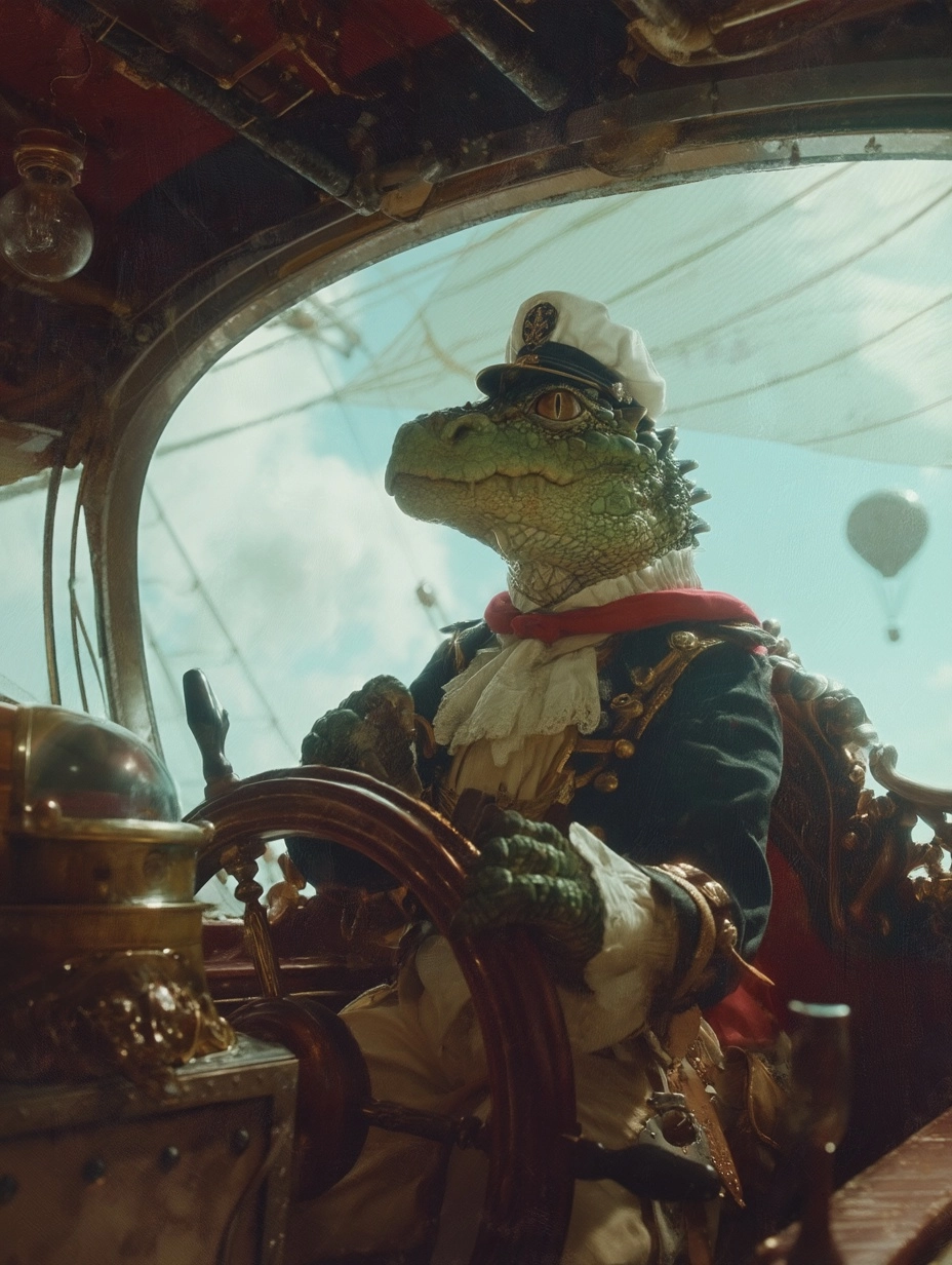 Hyper realistic photo of a fantasy and well dressed green-scaled humanoid kobold who is a sailor on