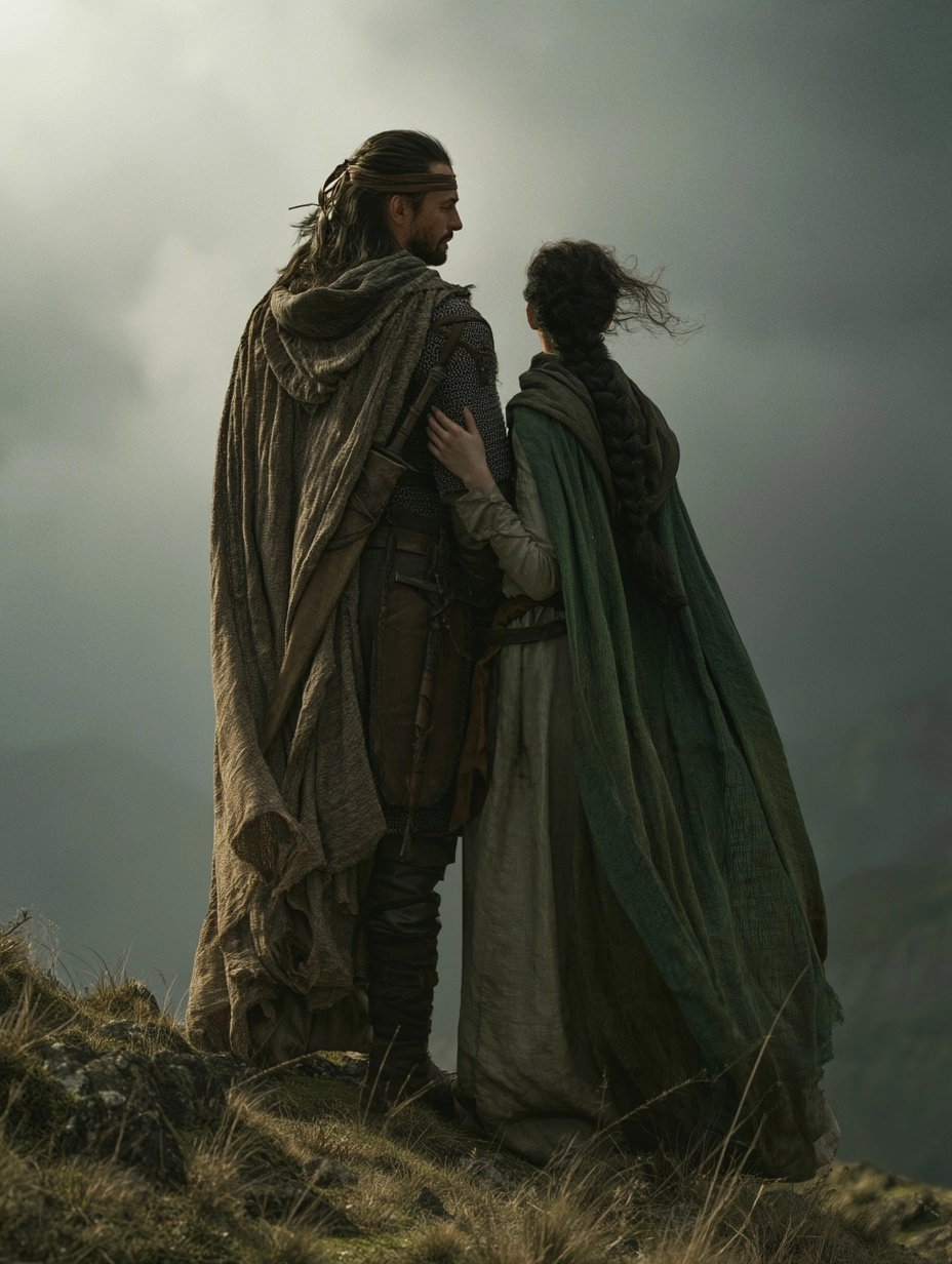 Hyperrealistic cinematic fantasy portrait of two figures standing together on a windswept mountain p