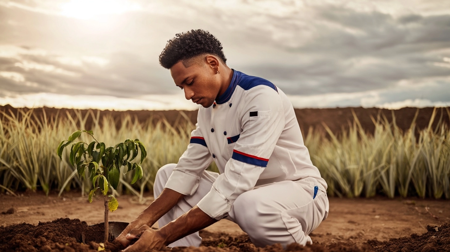 Hyperrealistic photo of a clean-shaven bakery worker planting a small tree