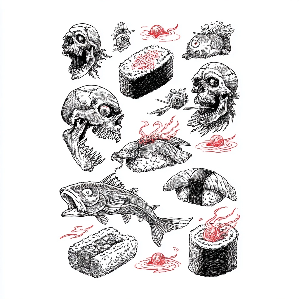 Illustration in the style of Albrecht Durer of horror creppy sushi ,white vector