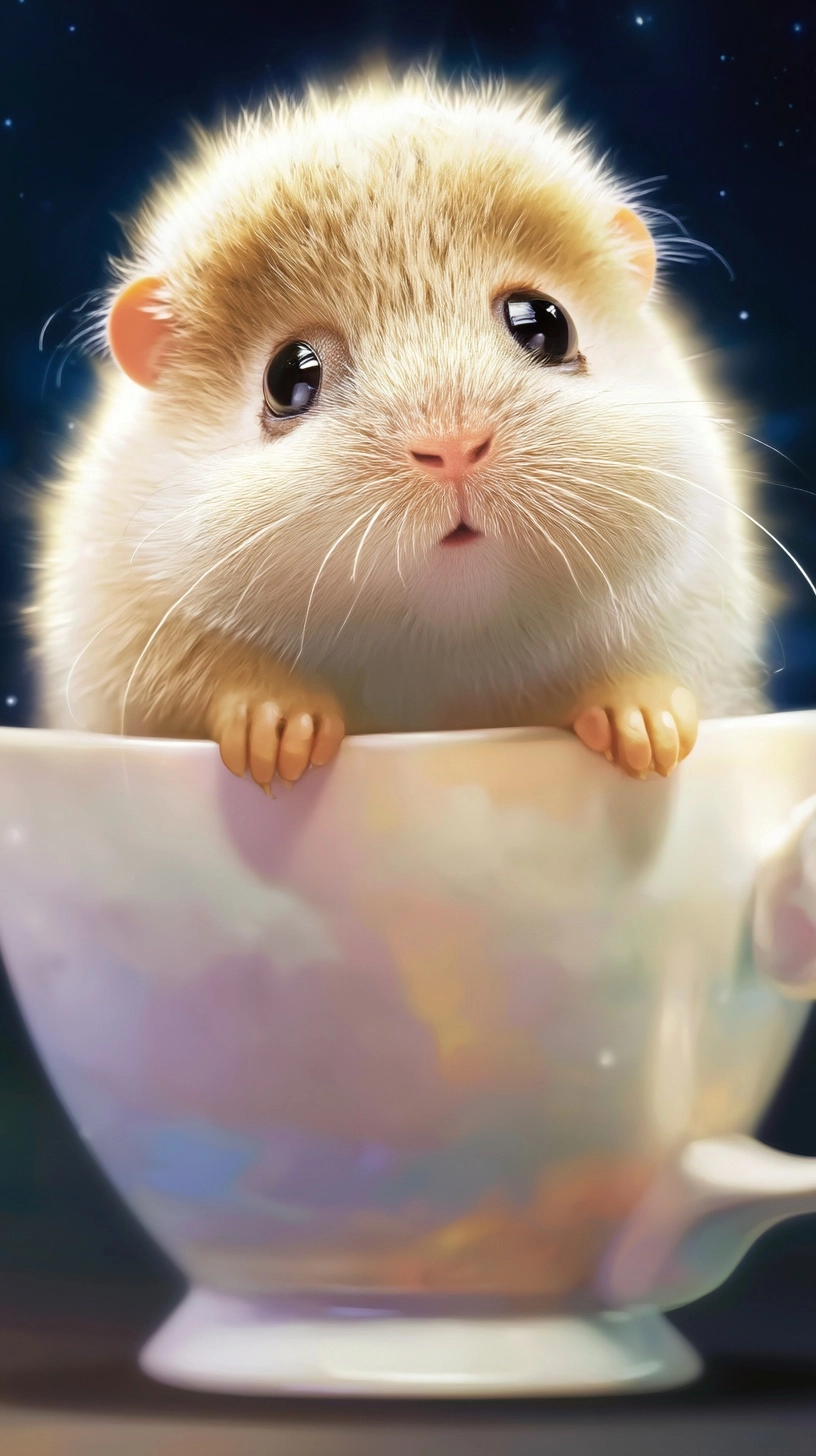 Ultra-cute baby hamster sitting inside a teacup, perfectly centered
