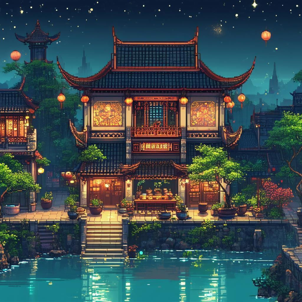 Bustling Chinese Tea House in Night Pixels