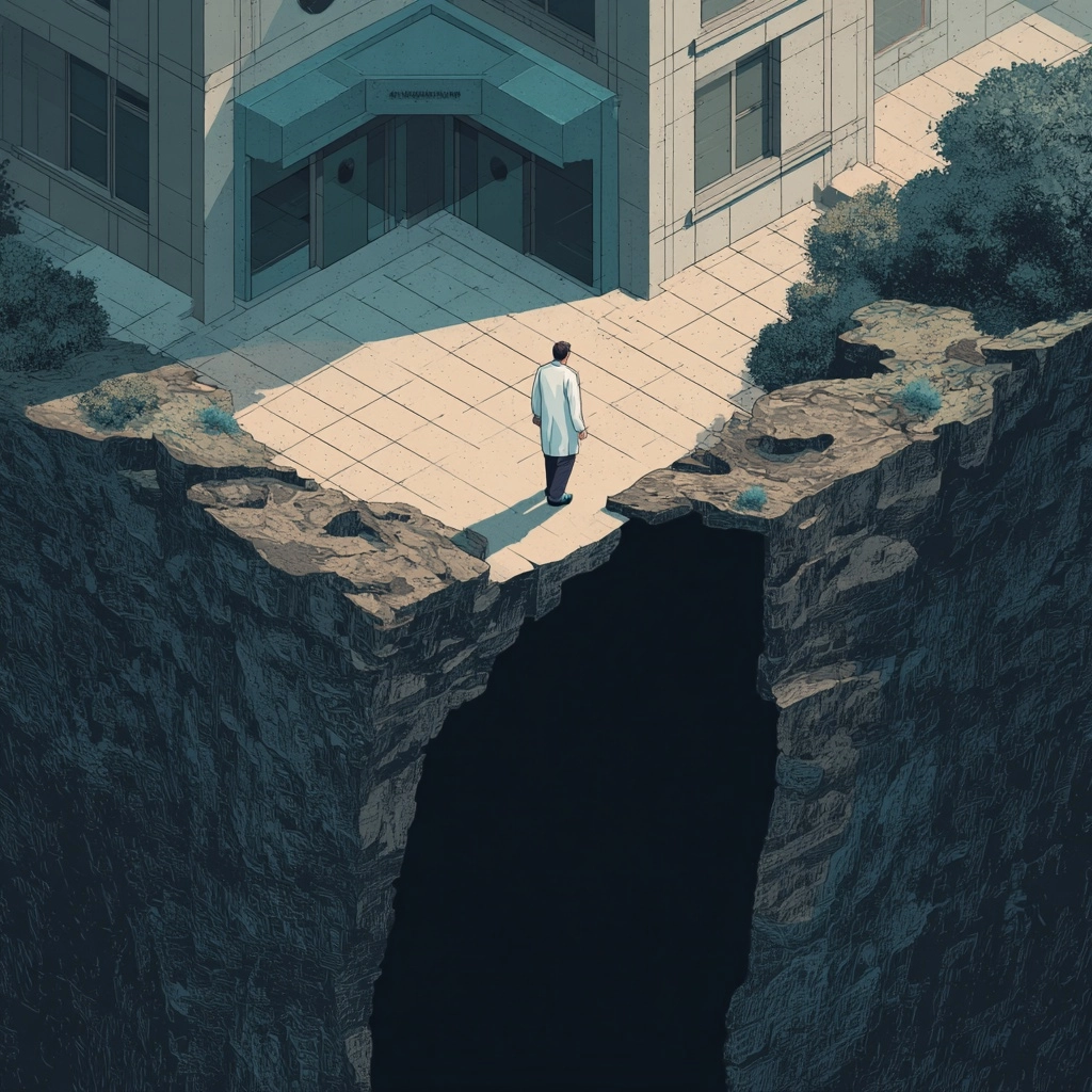 Individual walking out of hospital and falling into a dark canyon (meant to symbolize gaps in servic