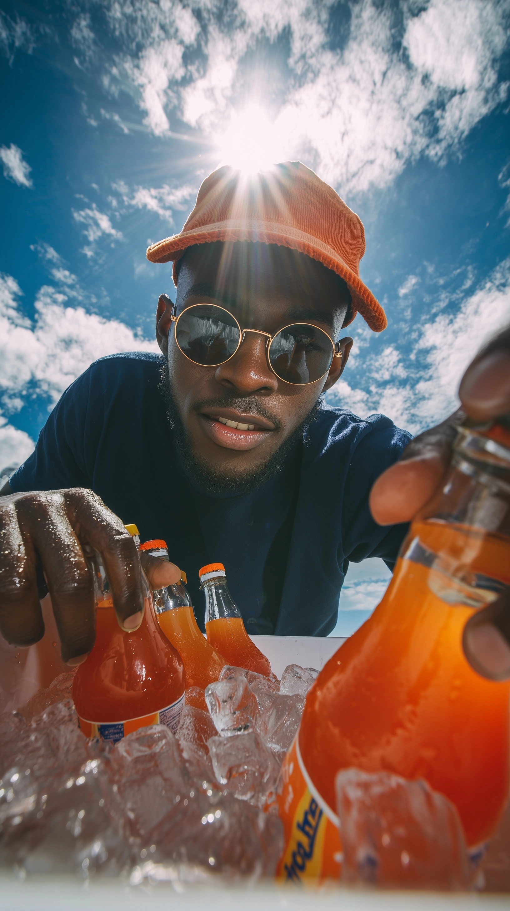 Low-angle close up through the open top of a white styrofoam cooler shous a young dark-brown skinned