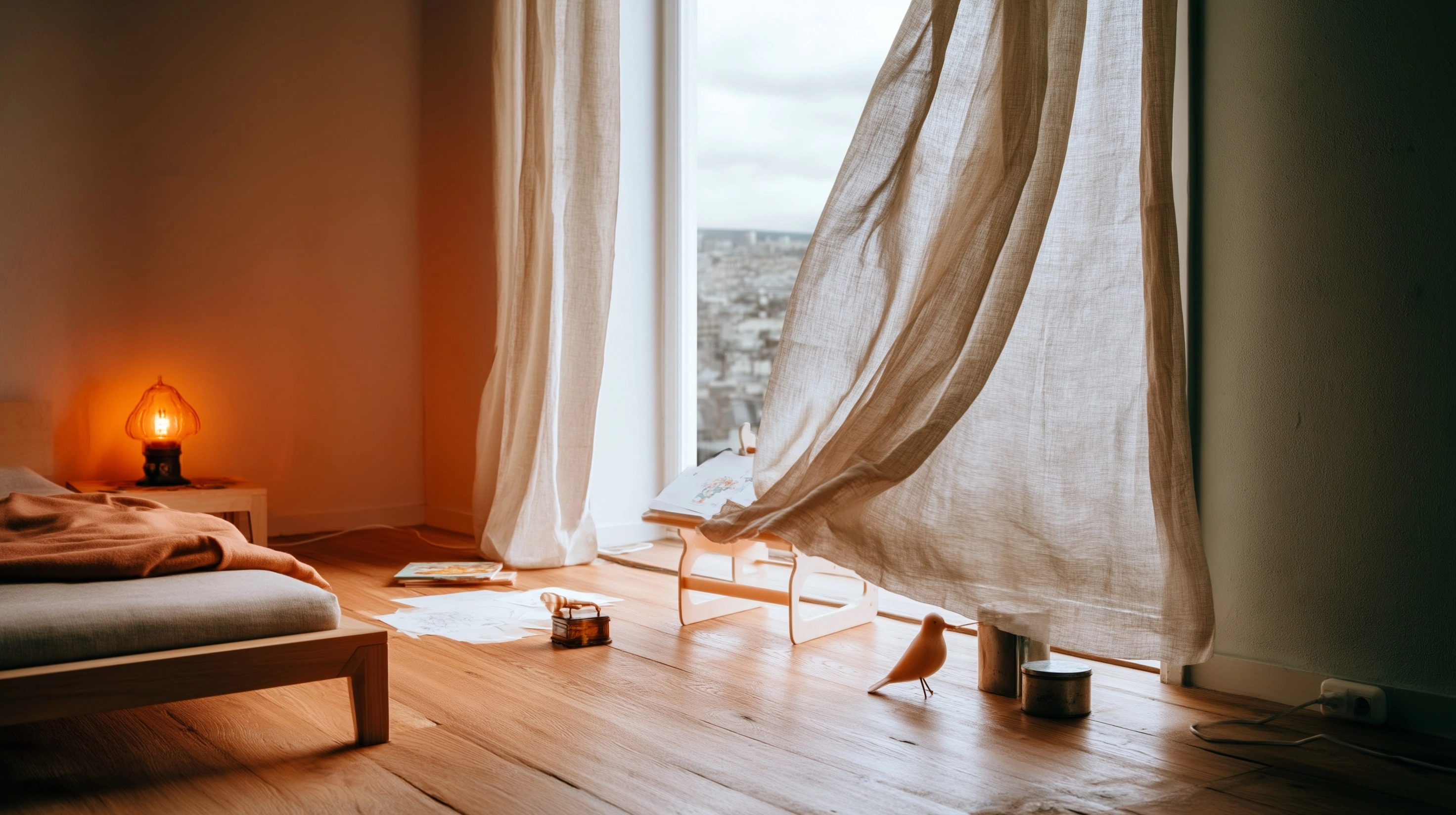 Large bedroom of a 7-year-old girl on the top floor of an old building