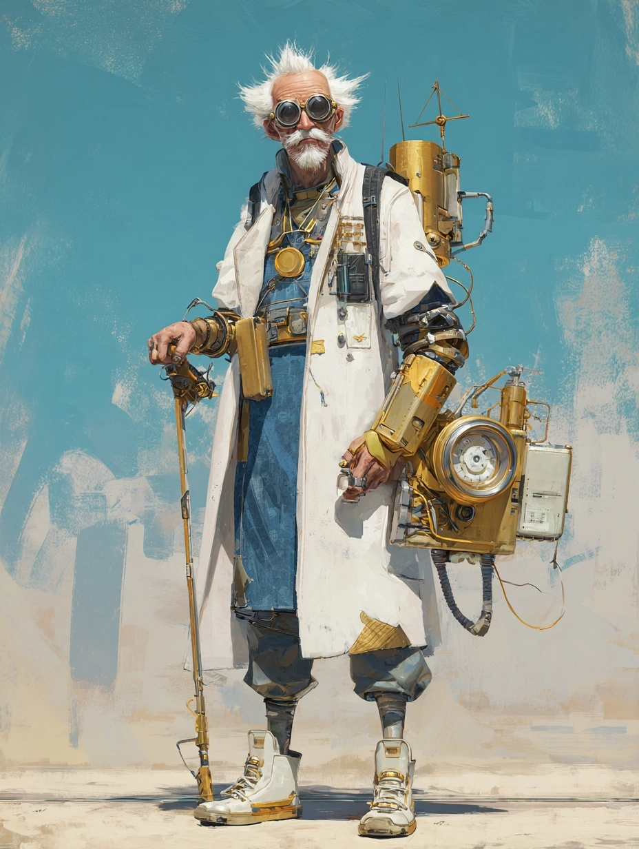 He is an elderly scientist, dressed primarily in white, blue, and gold attire