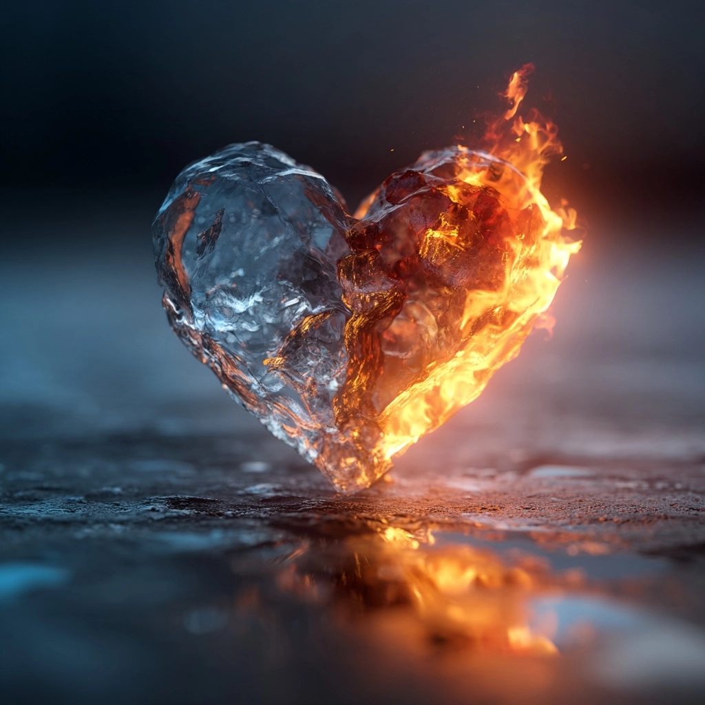 Love heart with ice on one side and fire flames on the other blurring itno each other in the middle