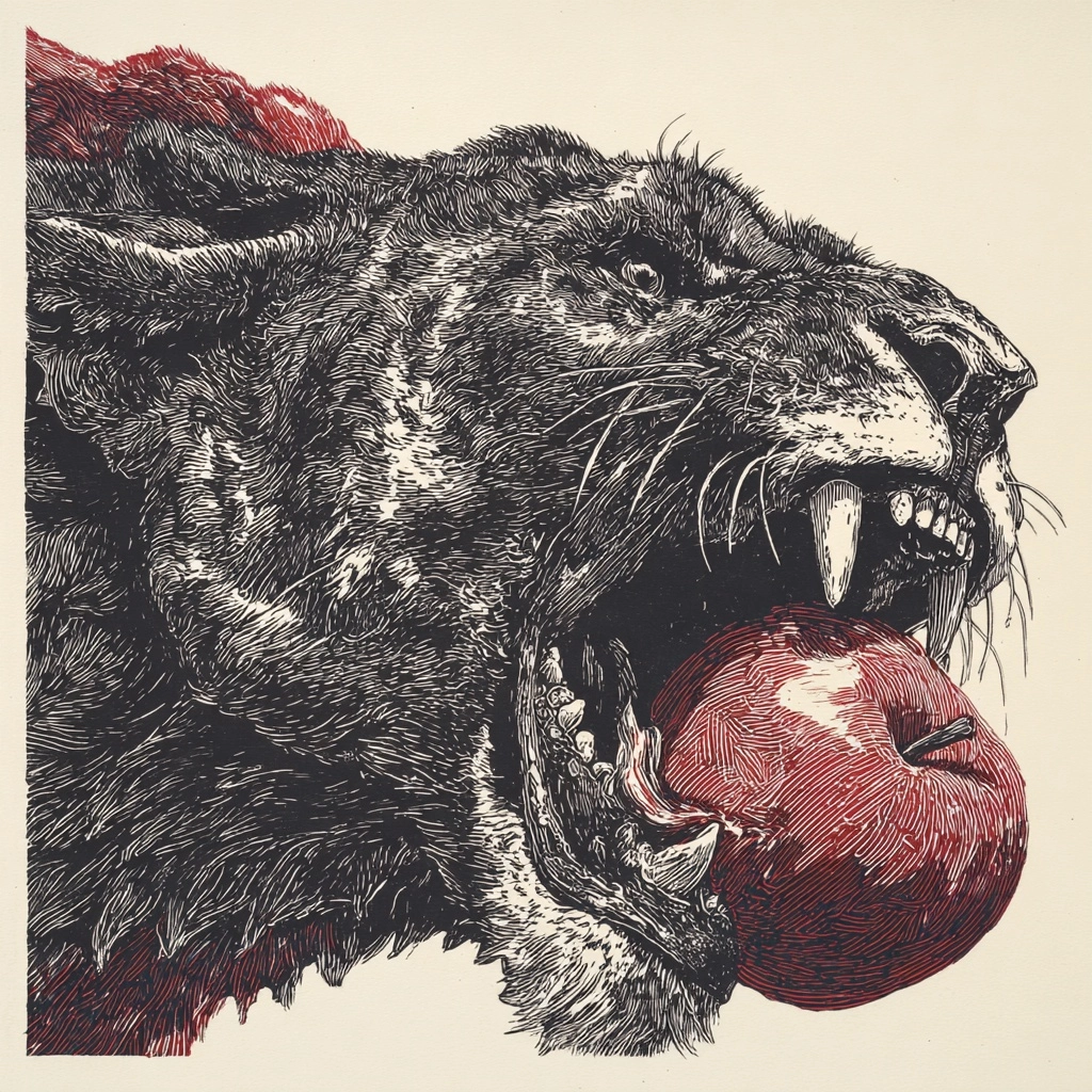 Saber-toothed system linocut apple cursed