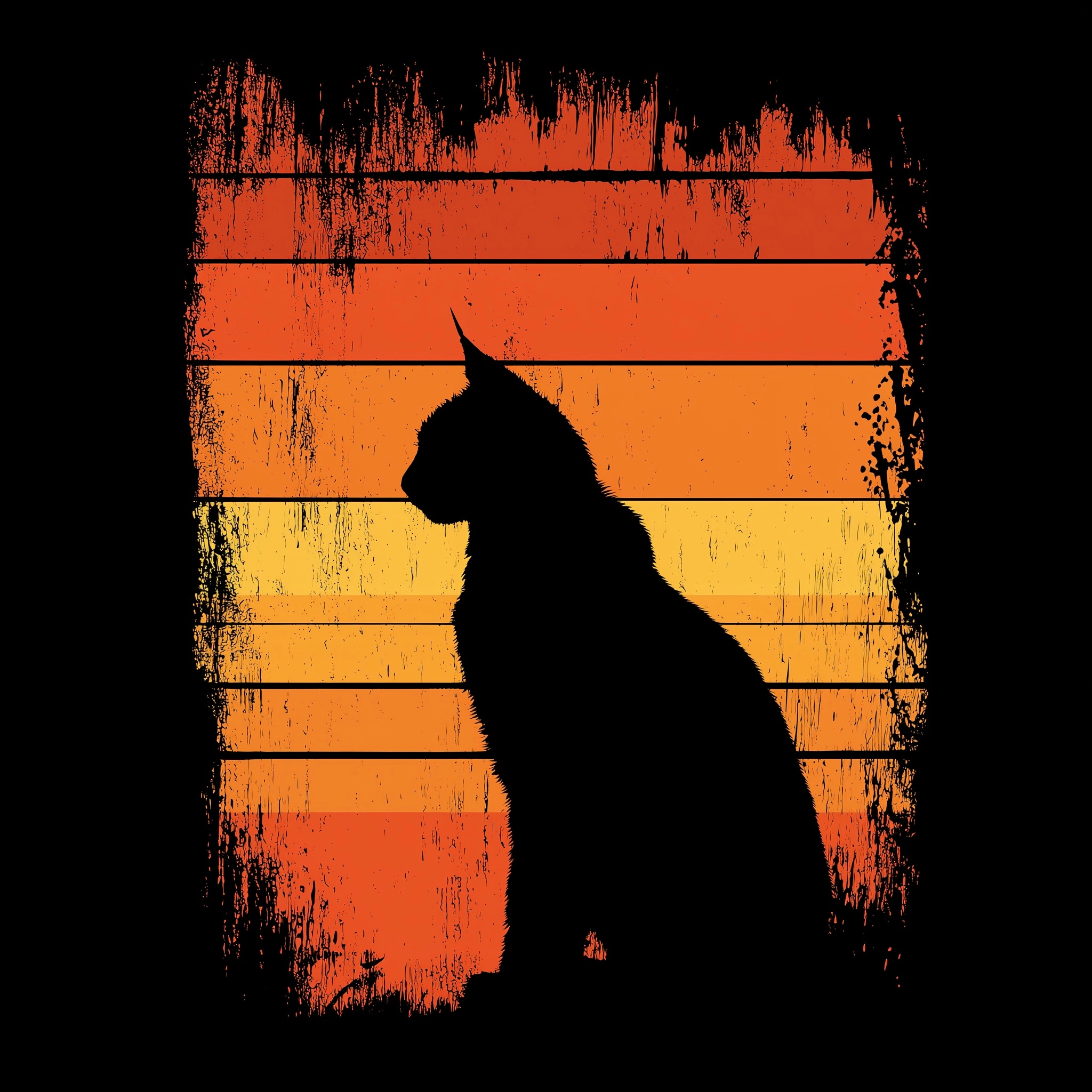 Lynx silhouette sitting in front of retro sunset stripes, bold distressed texture