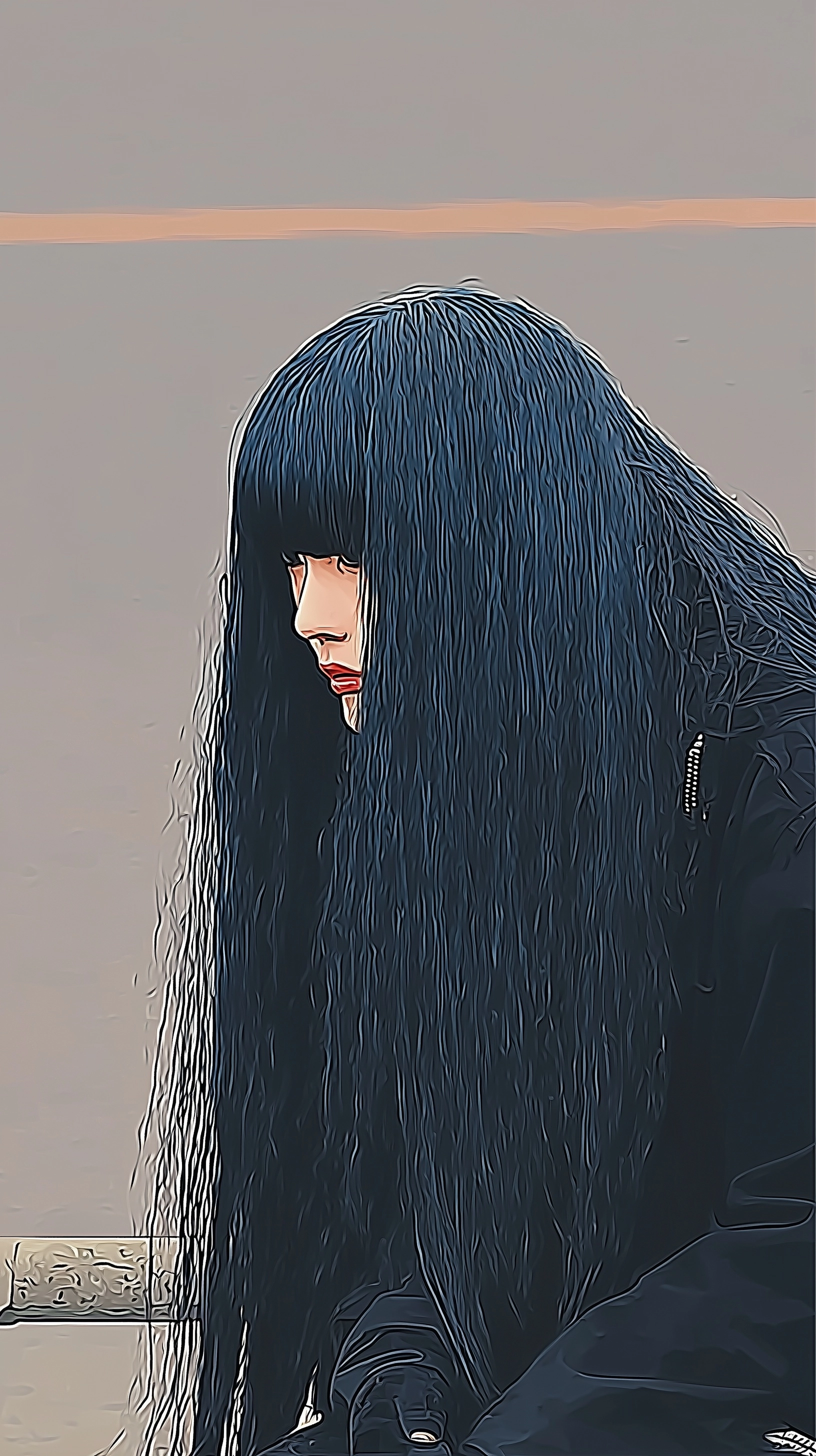 Low in color saturation color full body shot photograph of very cute Japanese 20 years old slender b