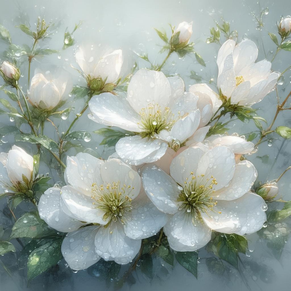 White Blooms Adorned With Dewdrop Gems