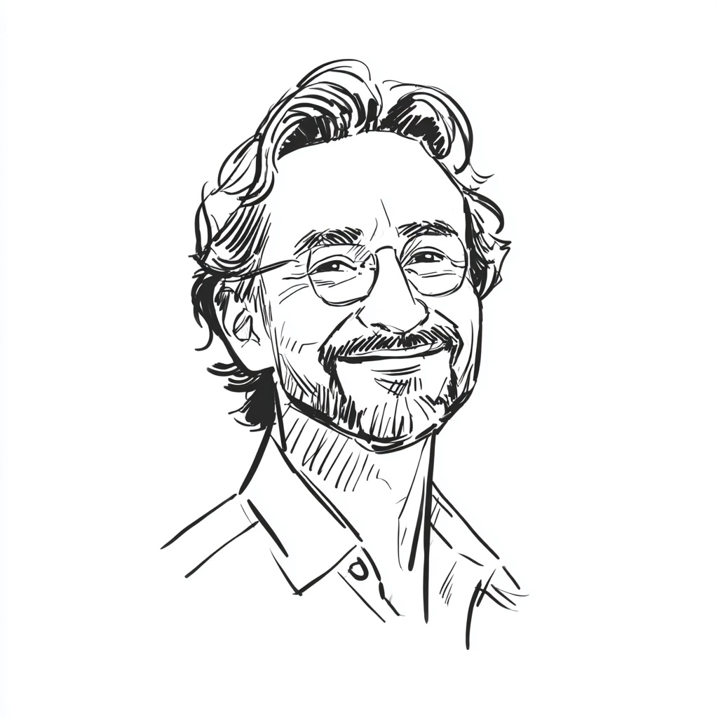 Minimalist black and white doodle-style line illustration of a Bangladeshi matured man