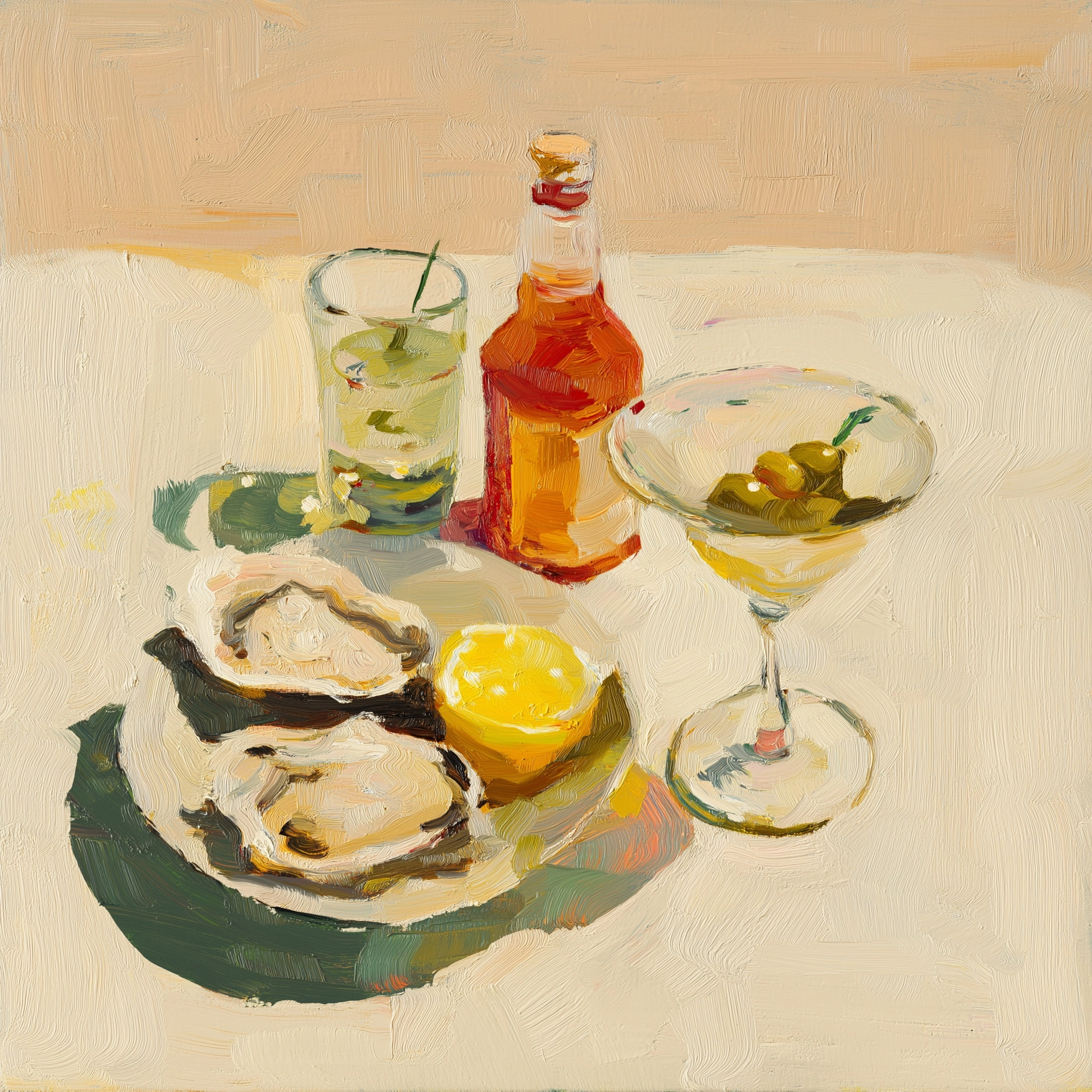 Minimalist still life of oysters on the half shell with a lemon wedge, a bottle of hot sauce