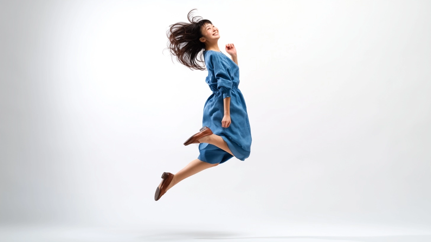 Full body of a young Japanese woman, mid-air jumping pose, moving from left to right
