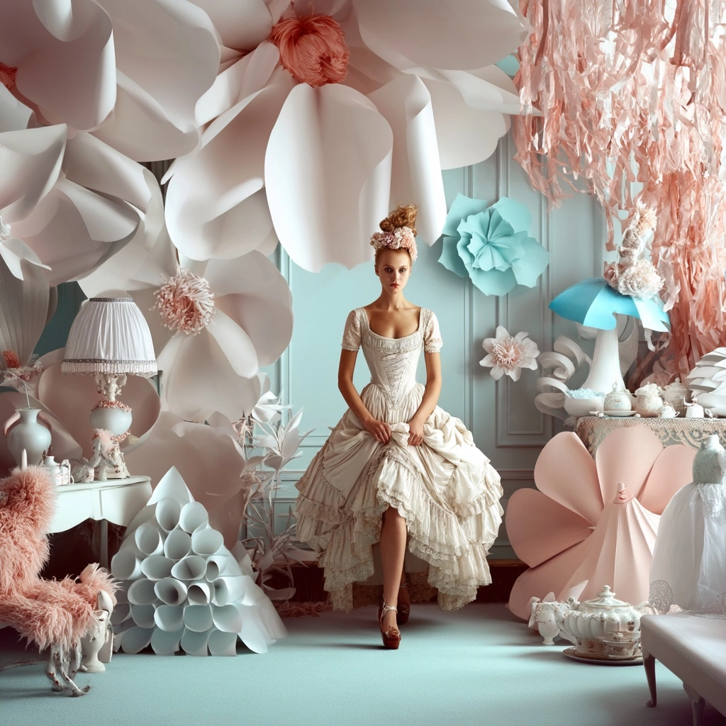 Tim Walker style photograph, pastel fantasy palette