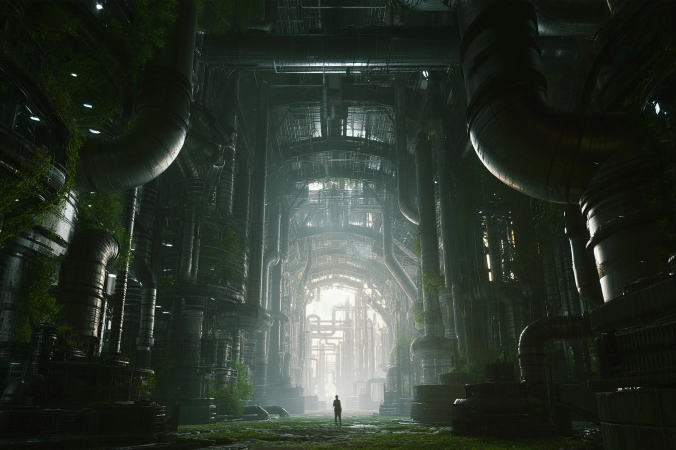 An underground city with large pipes, a complex structure