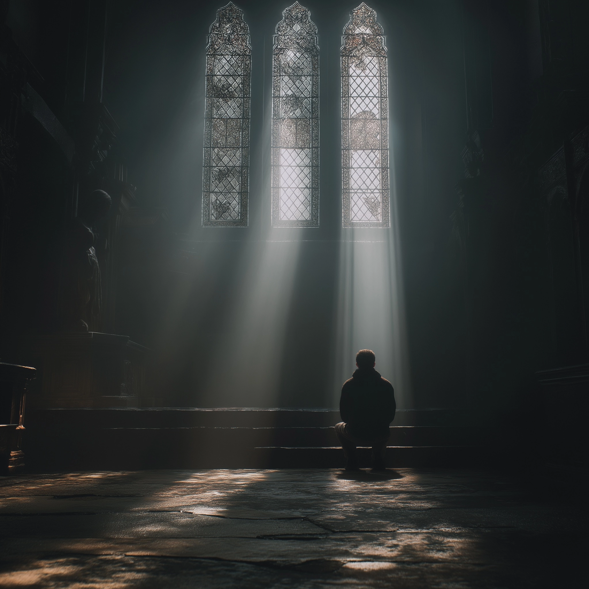 A cinematic image of man seeking Gods grace in a dark place