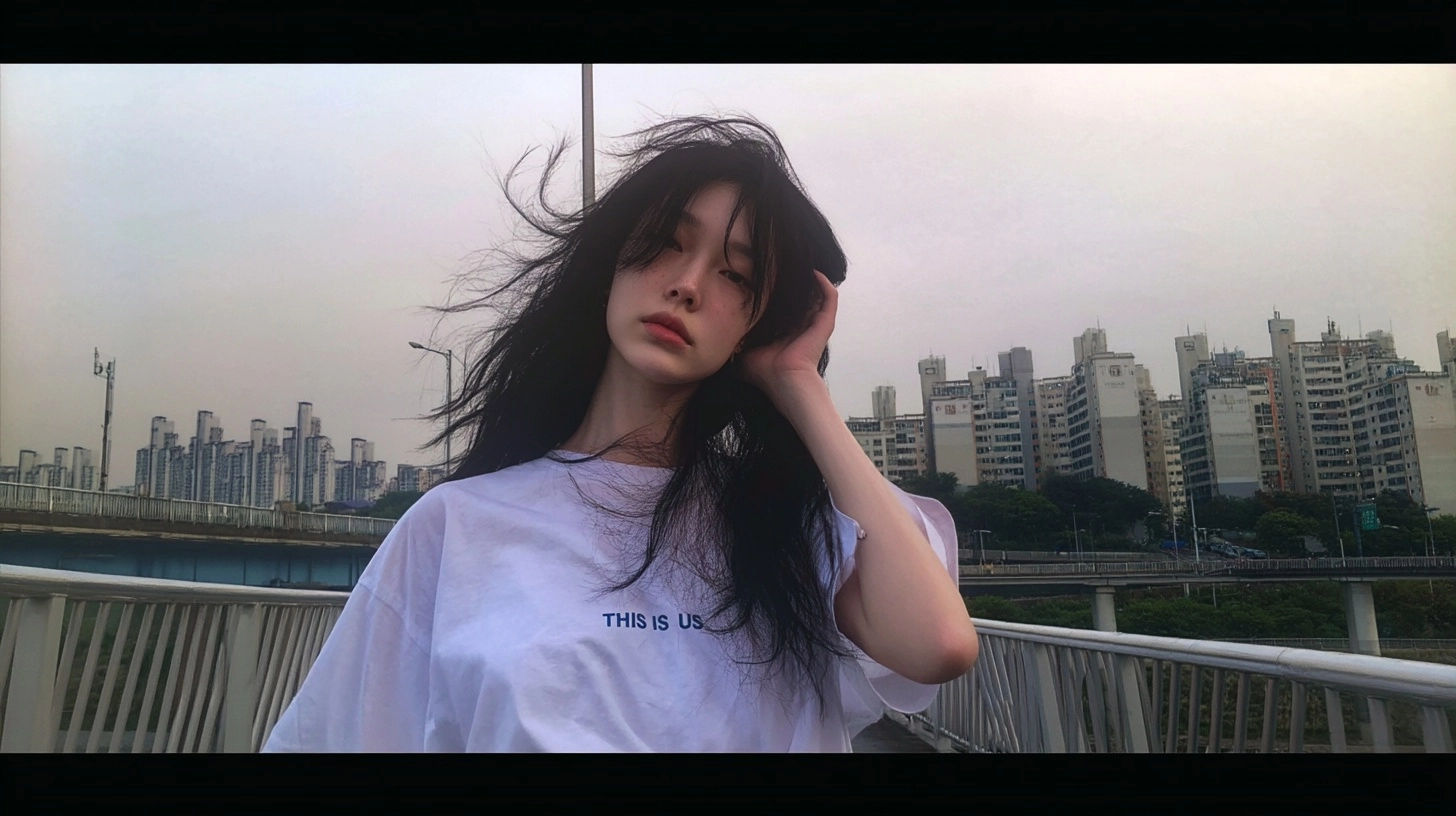 A beautiful Kpop young woman walking on a bridge using a white shirt saying "THIS IS US"