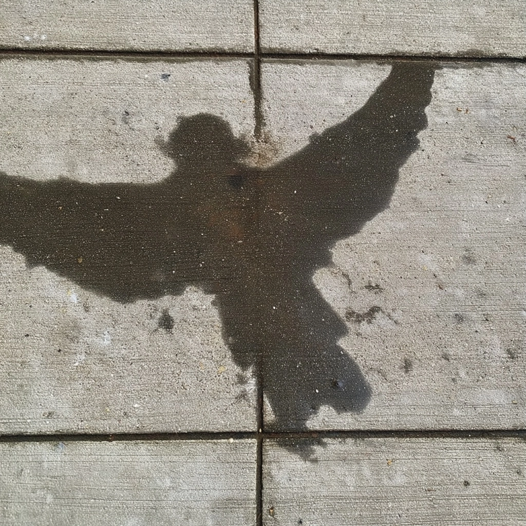 A splash of water on a concrete sidewalk, in the vague shape of a humanoid with wings