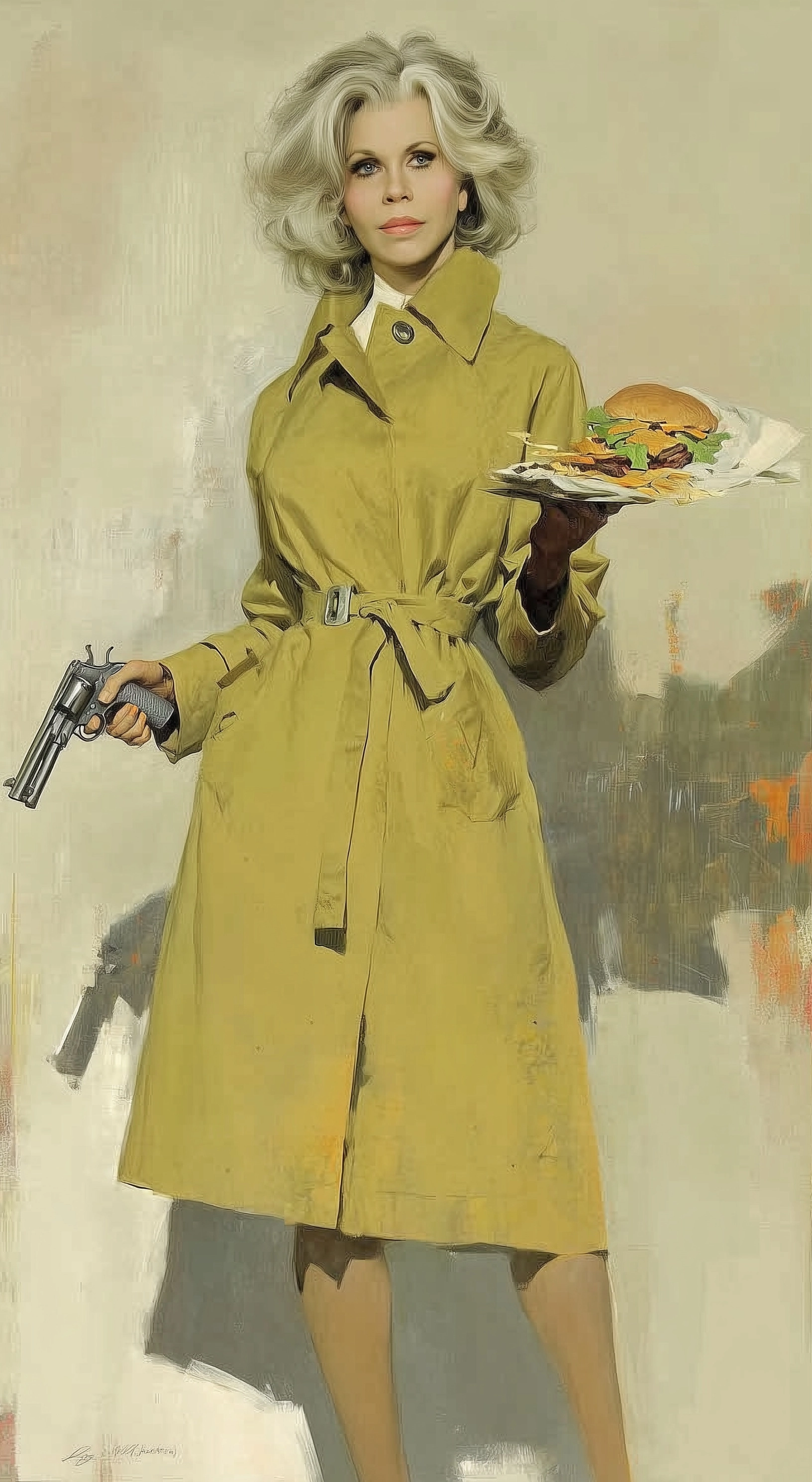 Attractive woman in trench coat, a revolver in one hand and a cheeseburger in the other