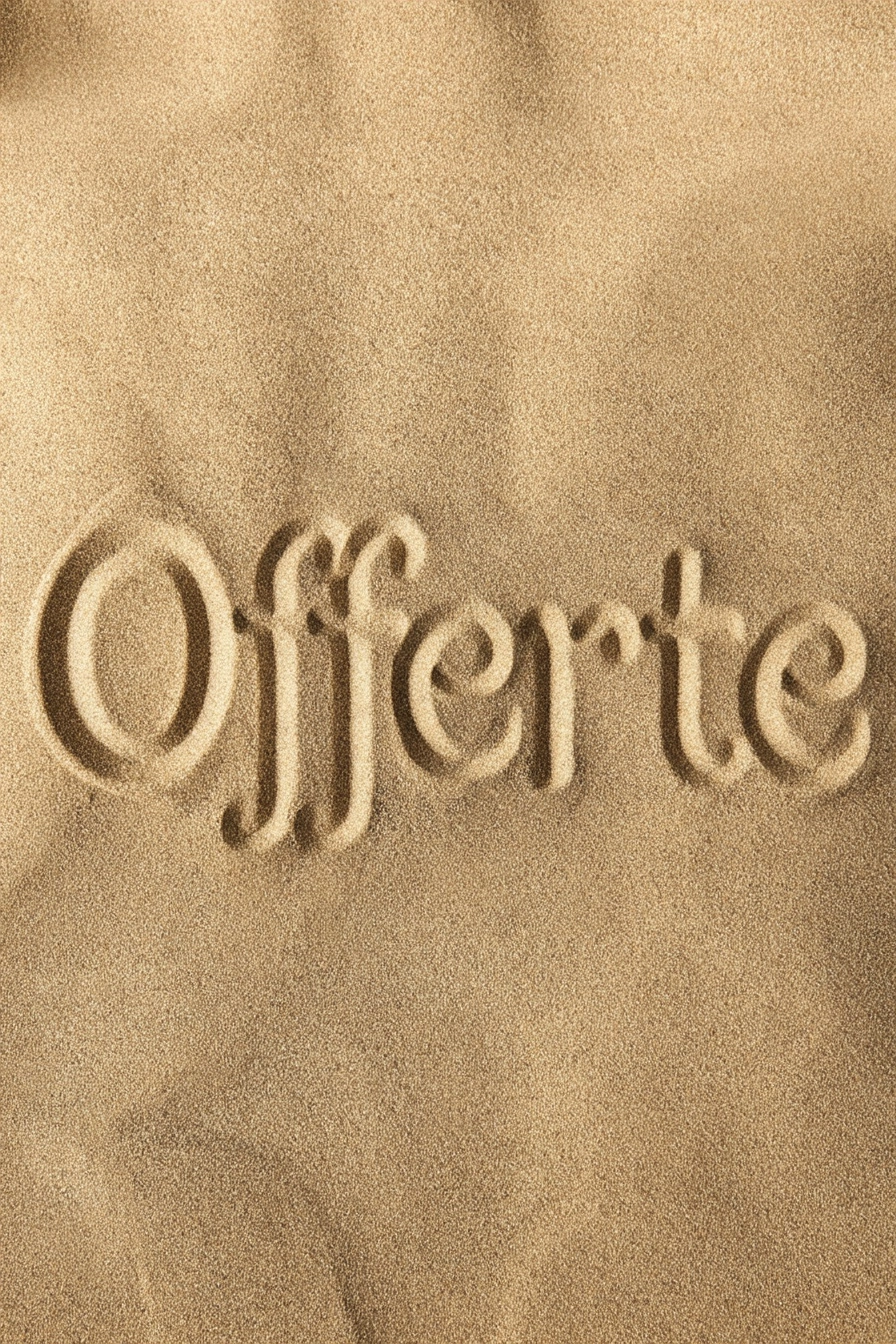 The word "Offerte" is carved into the sand, in a light brown color, ultrarealistic.