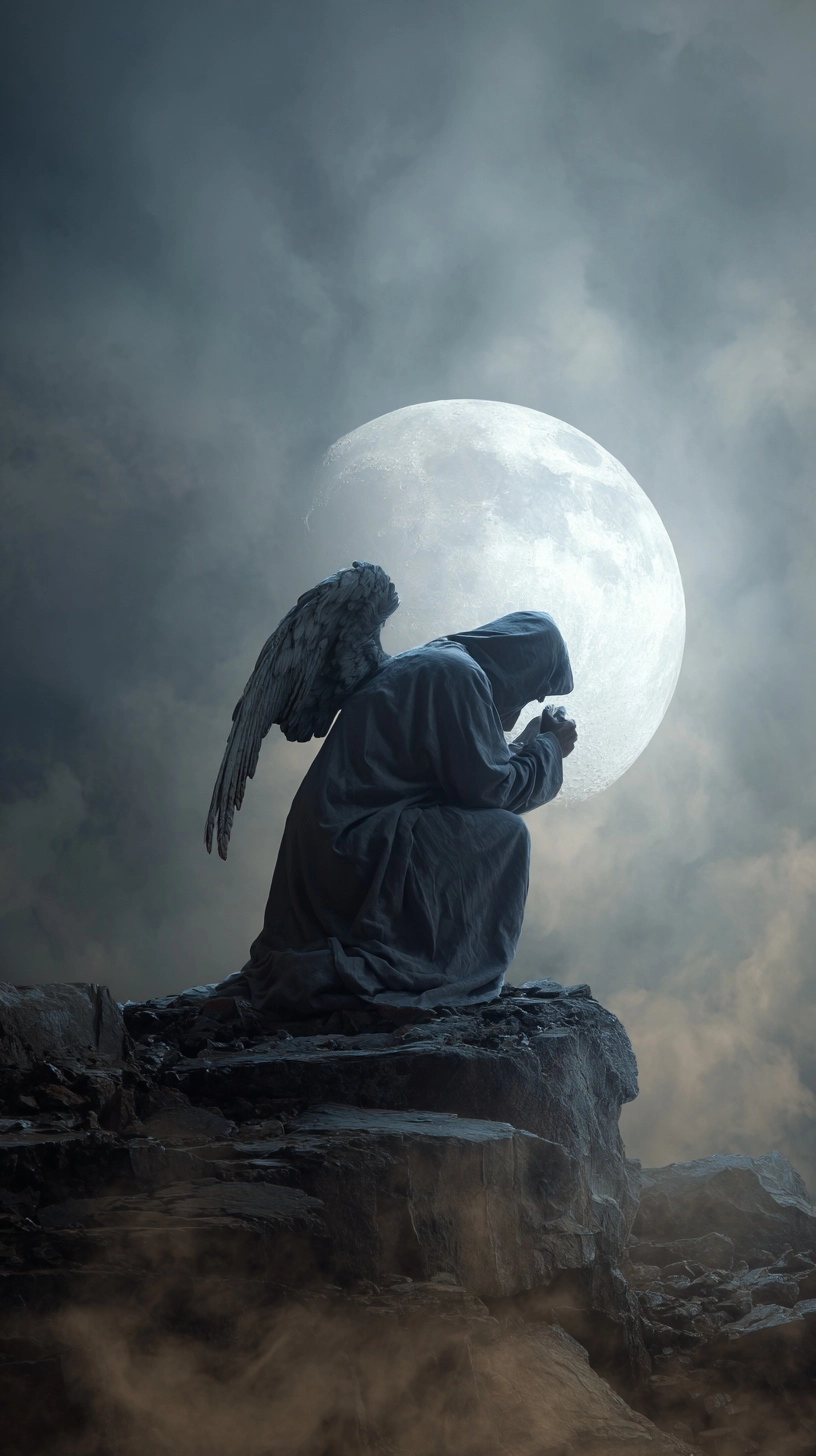 The moon is large and luminous, with an angel sitting on the edge of it in dark . the background fea