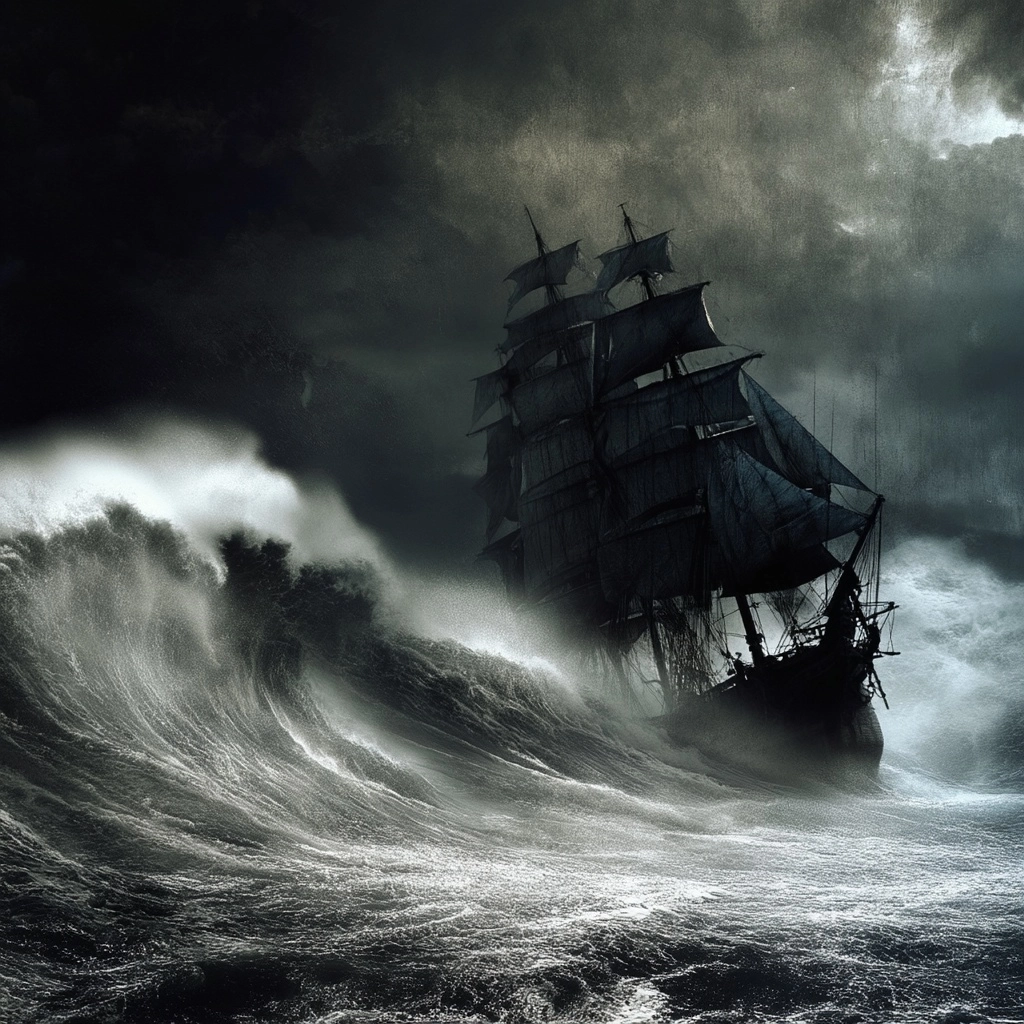 A ship / being bombarded by a towering vast ocean wave / tumultuous gray skyline / high dynamic moti
