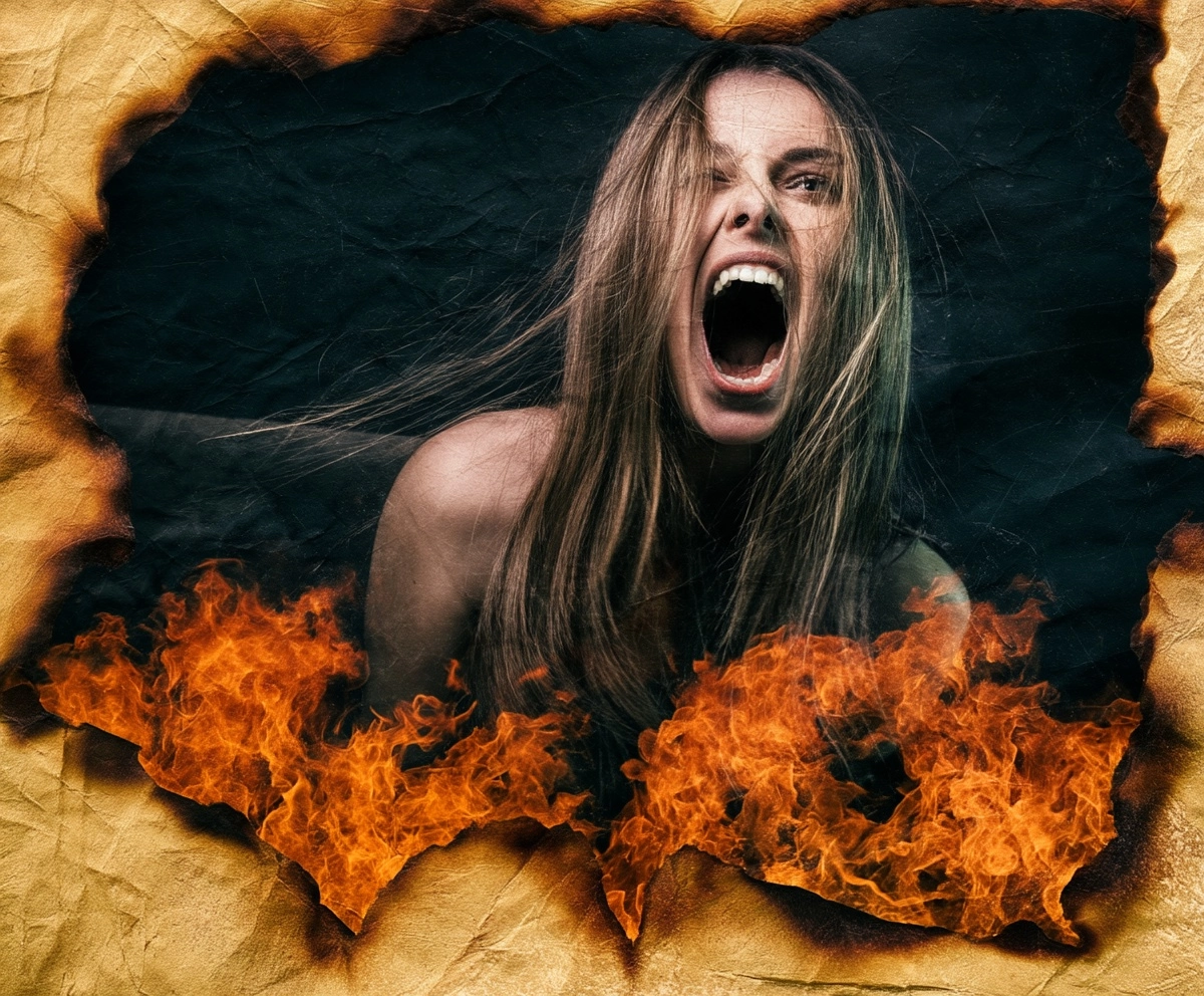 A woman is screaming into the camera. The image texture OVERALL is OLD paper burning. paper texture