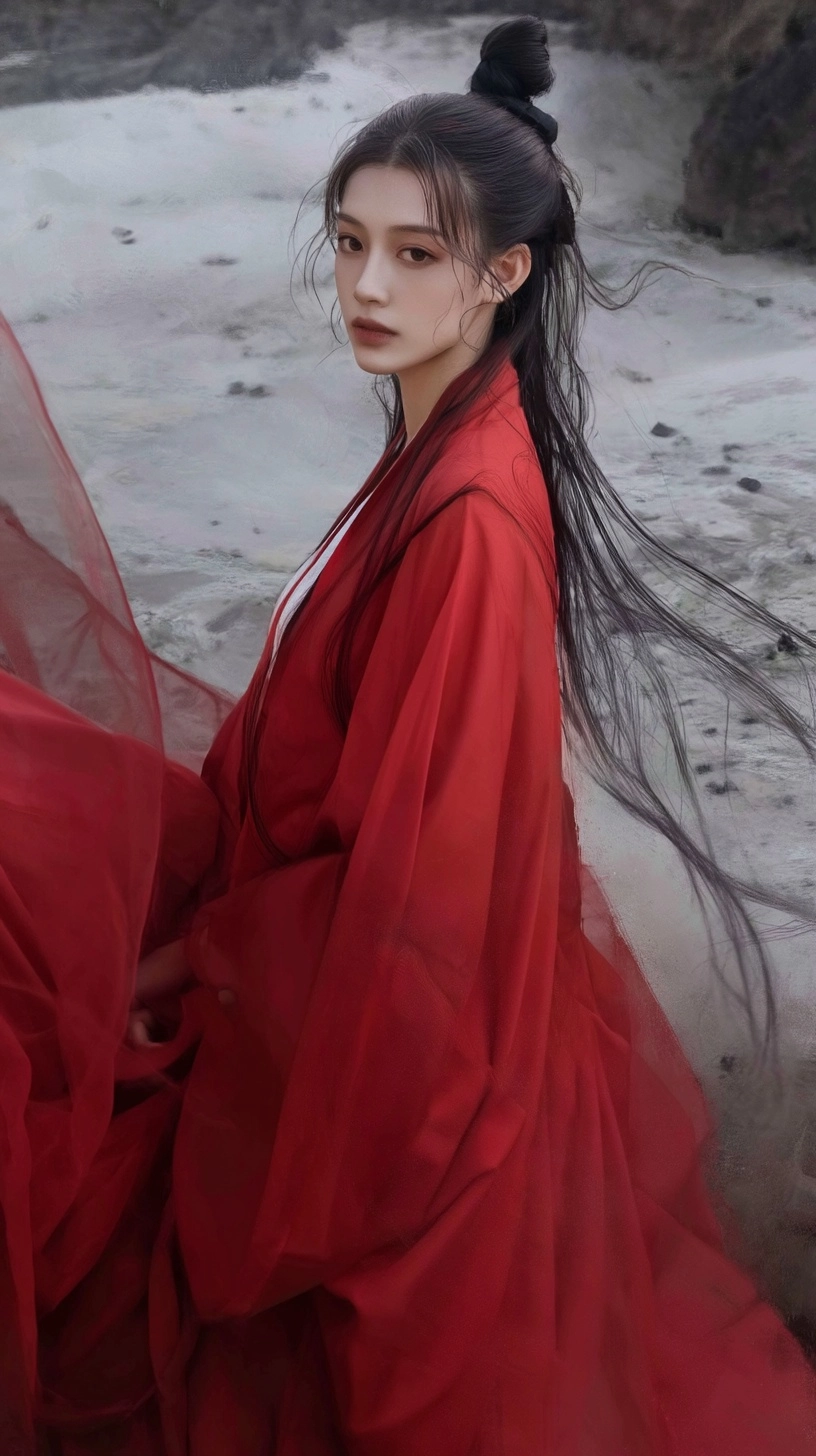 Cool and fragmented temperament, a beauty wearing a red Warring States robe, peerless beauty