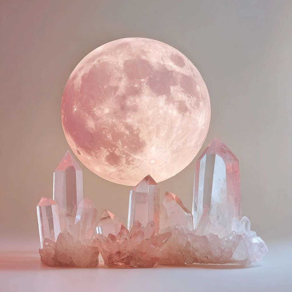 Beautiful spiritual image of the pink full moon of april. With some Quartz crystal points. Neutral l