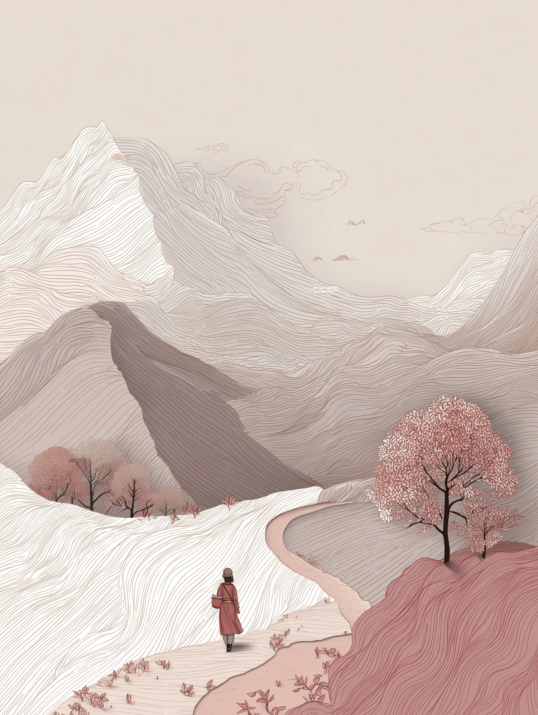 Gentle minimalist ballpoint pen illustration, mountain tea garden scene