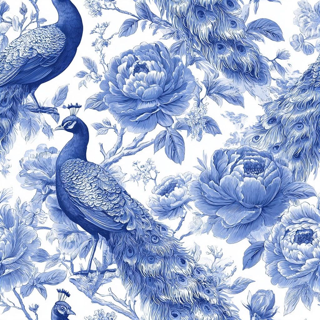 Seamless repeat pattern, blue and white toile peacock peony