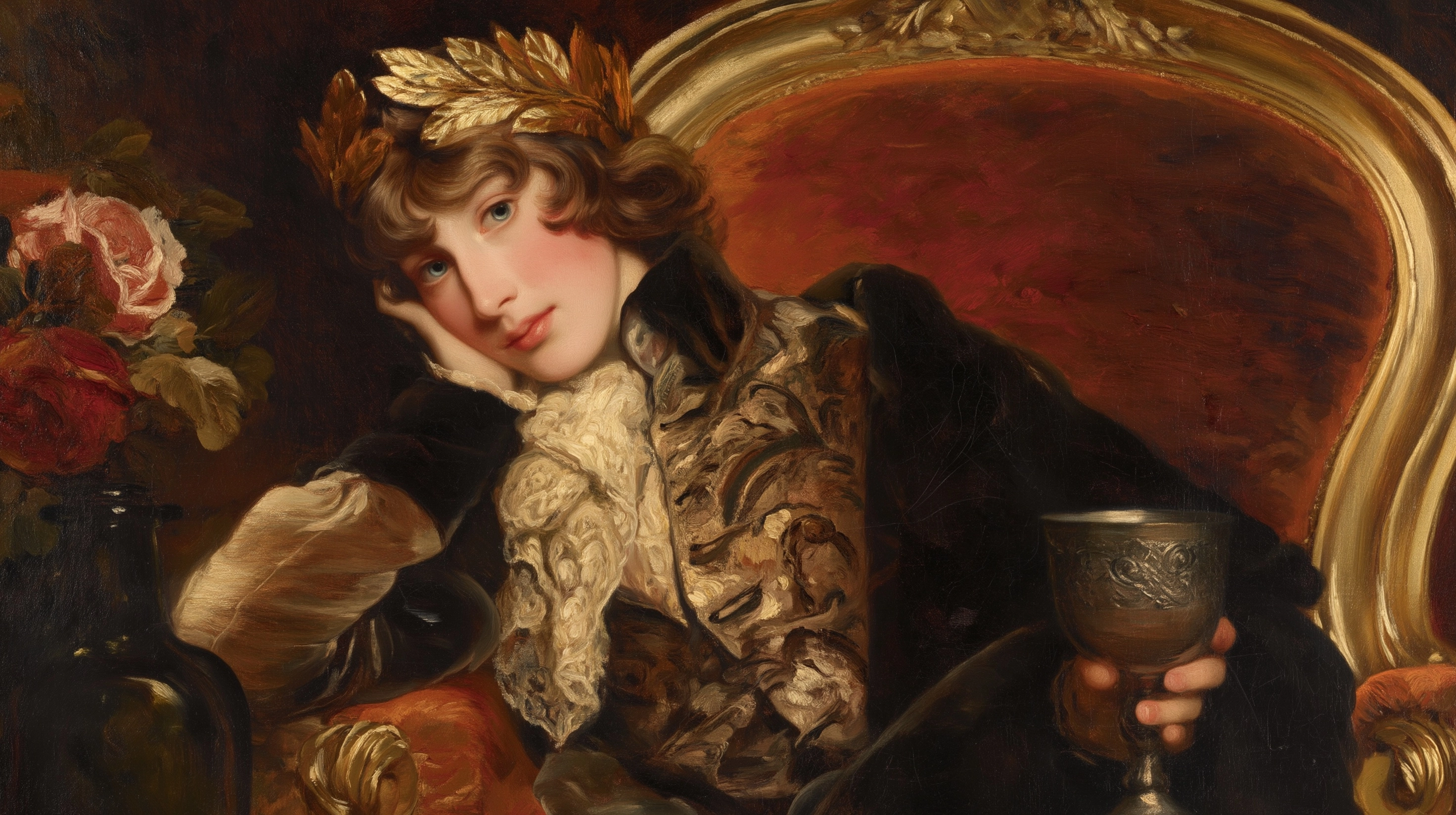 A classical, richly textured oil painting in the Romantic style, depicting a young