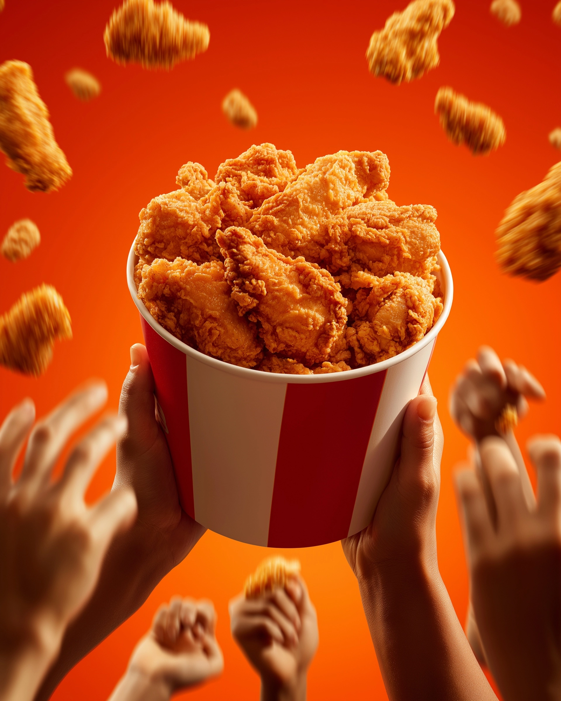 A close-up, high-resolution photograph of a KFC chicken bucket filled with crispy hotwings