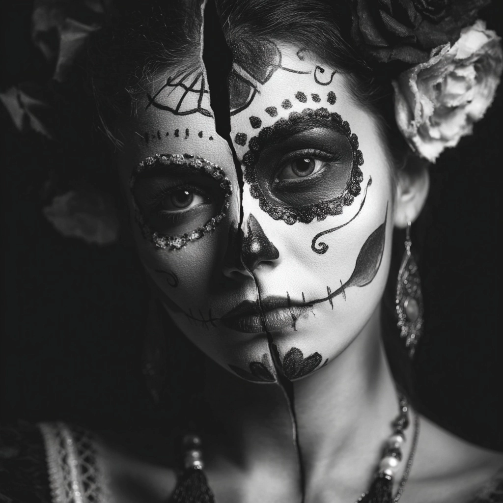 A beautiful woman wearing day of the dead makeup, her head is made of porcelain and has broken down