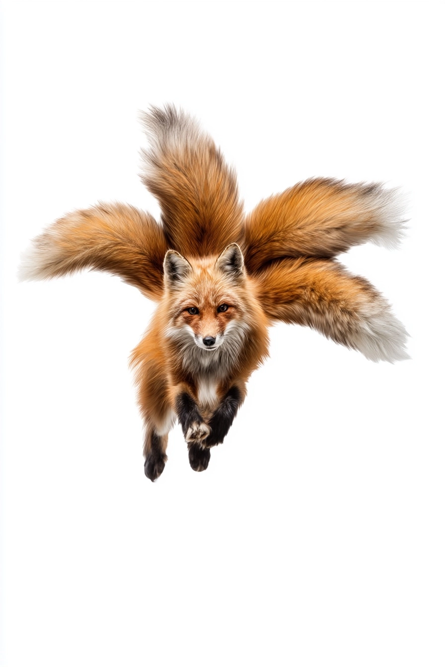 A full-bodied, realistic fox with five tails in a jumping pose