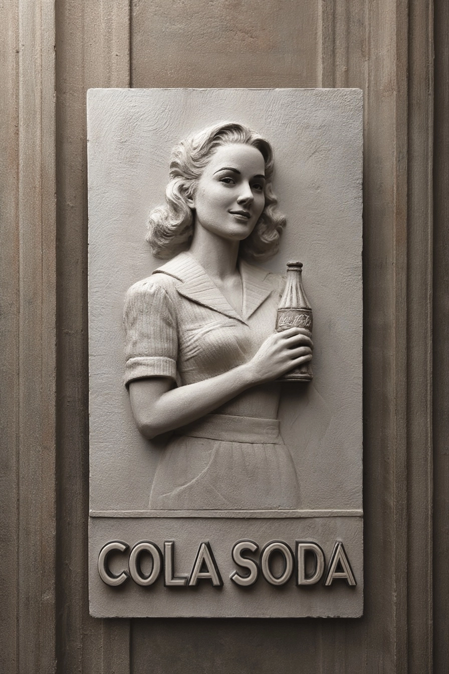 Bas-relief on a rectangular stone plate. vintage sign of a of a woman holding a bottle of soda. on t