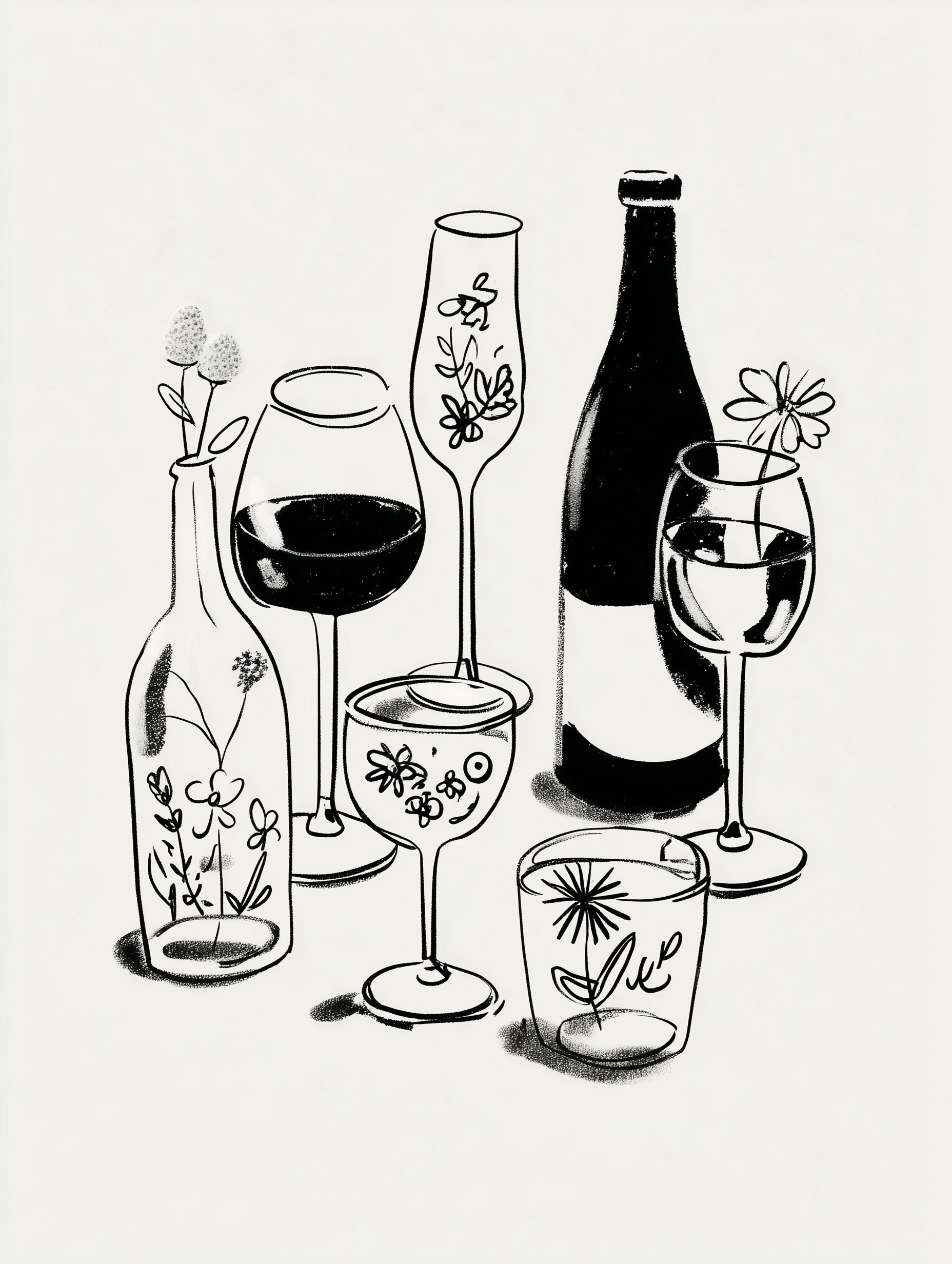 Painting of wine glasses and bottles, the glasses and bottle have little colorful flowers and doodle