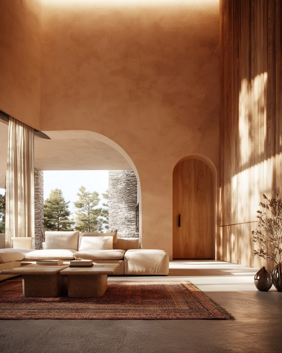 Modern interior CGI render, hyperrealistic light and shadow play. Los Angeles premium residence inte