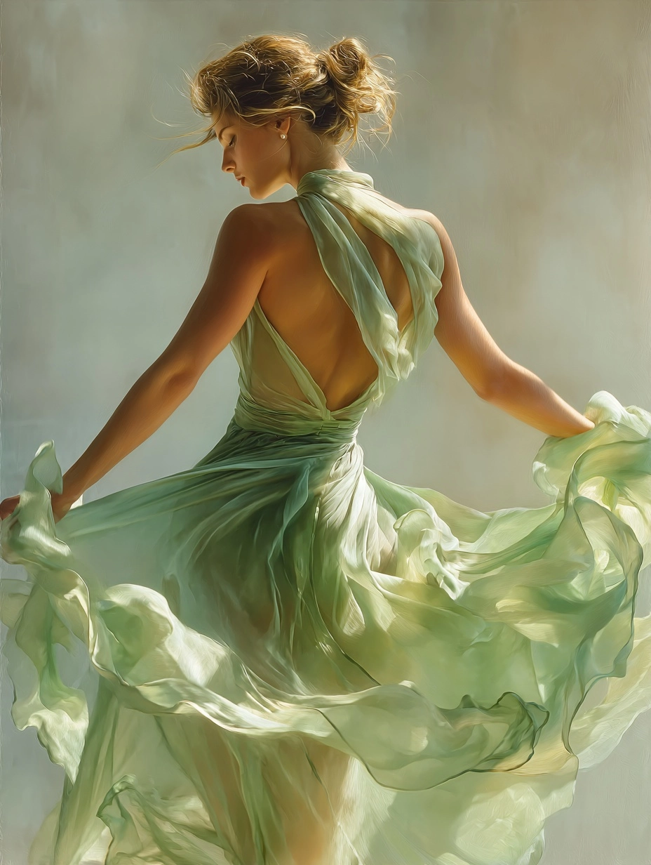 A close-up of a female figure in a light, flowing silk dress in a soft light green color