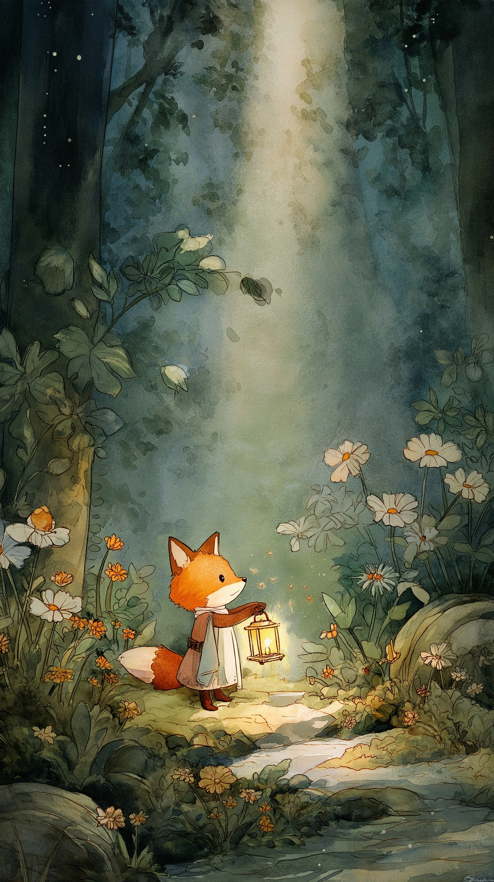 A tiny fox holding a glowing lantern in a giant forest, whimsical children's book illustration
