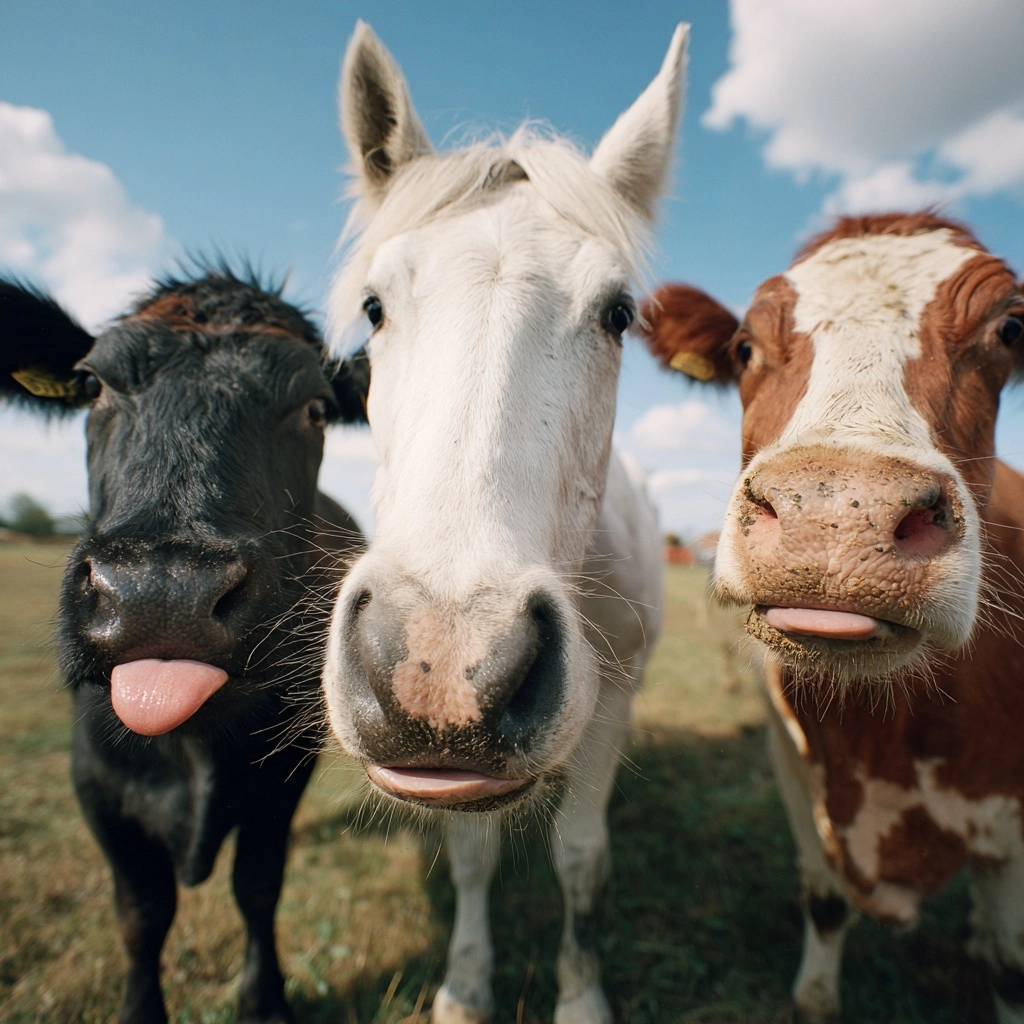 Real photo, a white horse and two cows, one black and one brown, showing their tongues