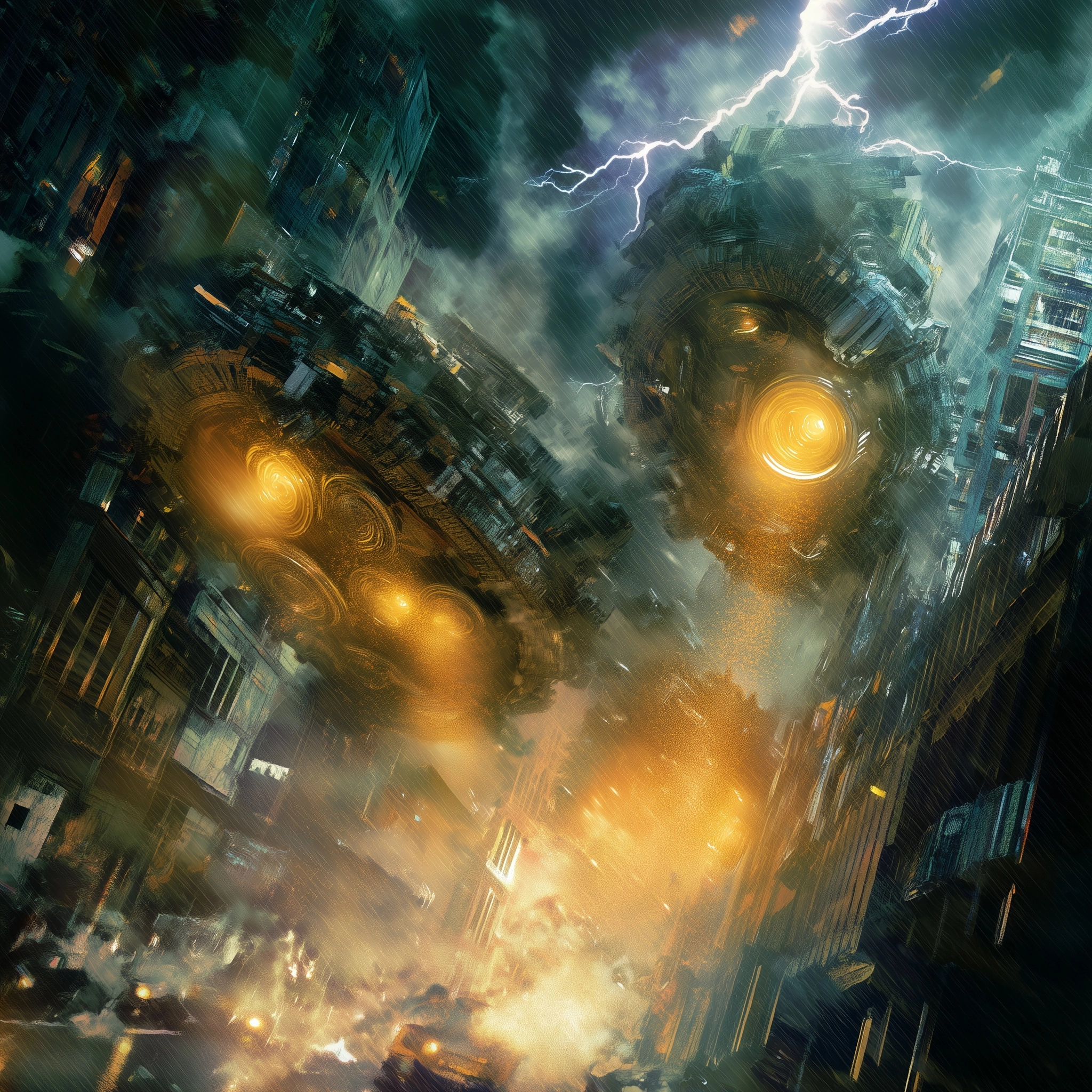 Cinematic album cover art, abstract alien invasion, layered mechanical detail and glowing apertures