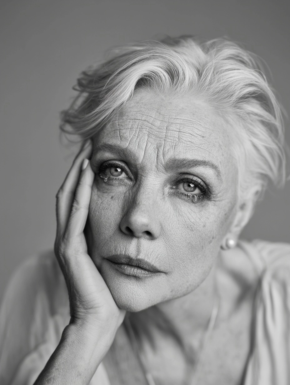 Close-up black and white portrait of a sad, elderly woman with elegant silver hair styled neatly